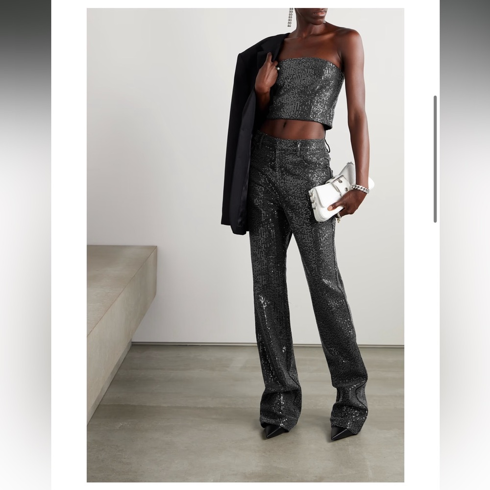 ROTATE Birger Christensen Black silver Sequin Top and Pants set
